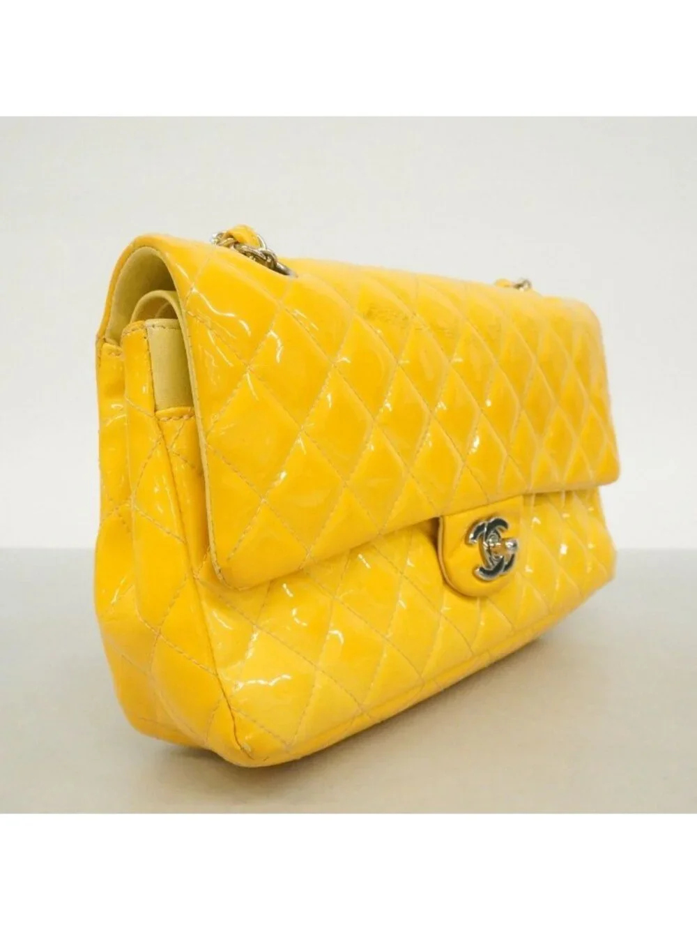 Chanel Shoulder Bag Quilted Patent Leather Yellow Silver